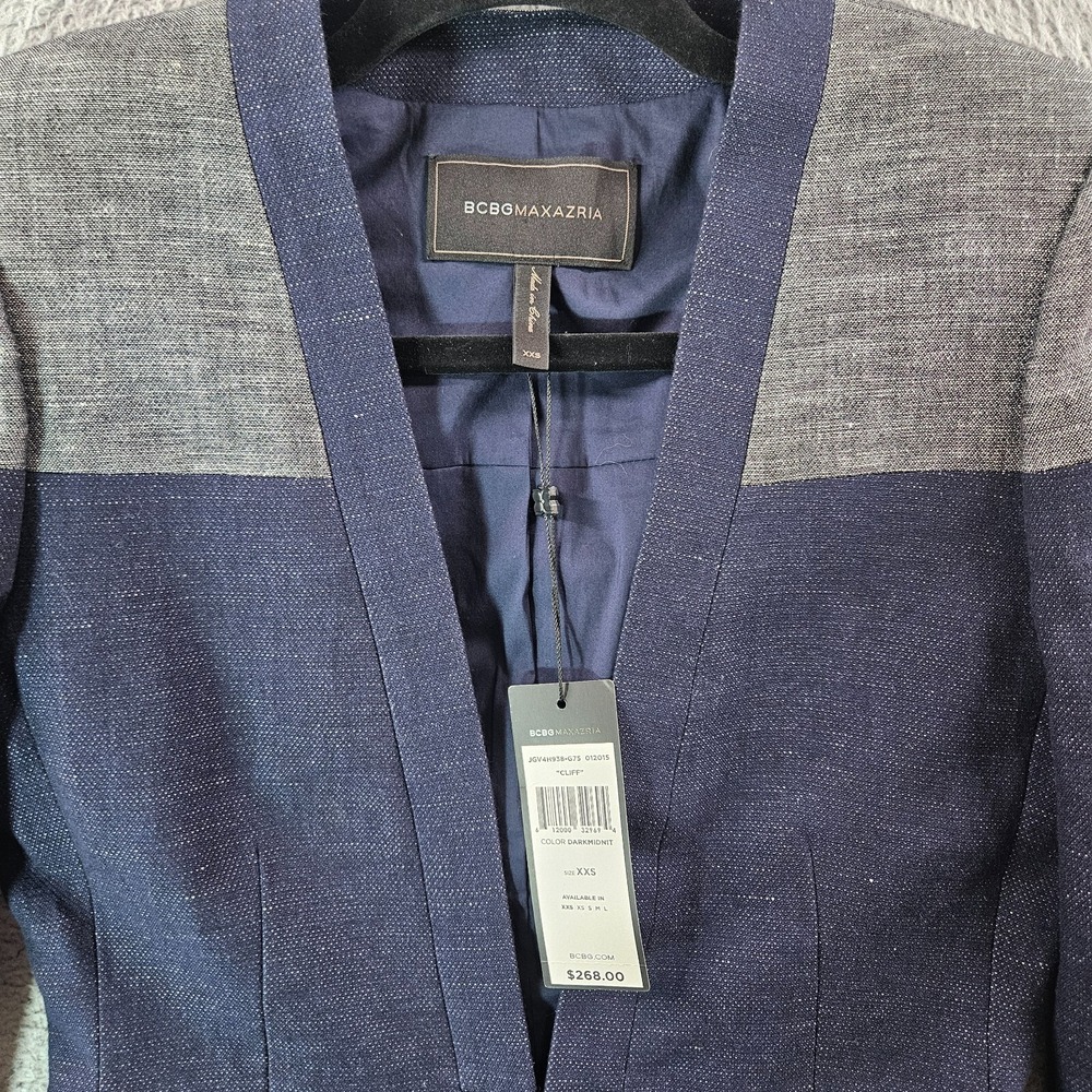 $268 NWT BCBGMaxazria Suit Blazer Jacket Women XXS Cotton Linen Navy Gray‎ NEW - Picture 7 of 16